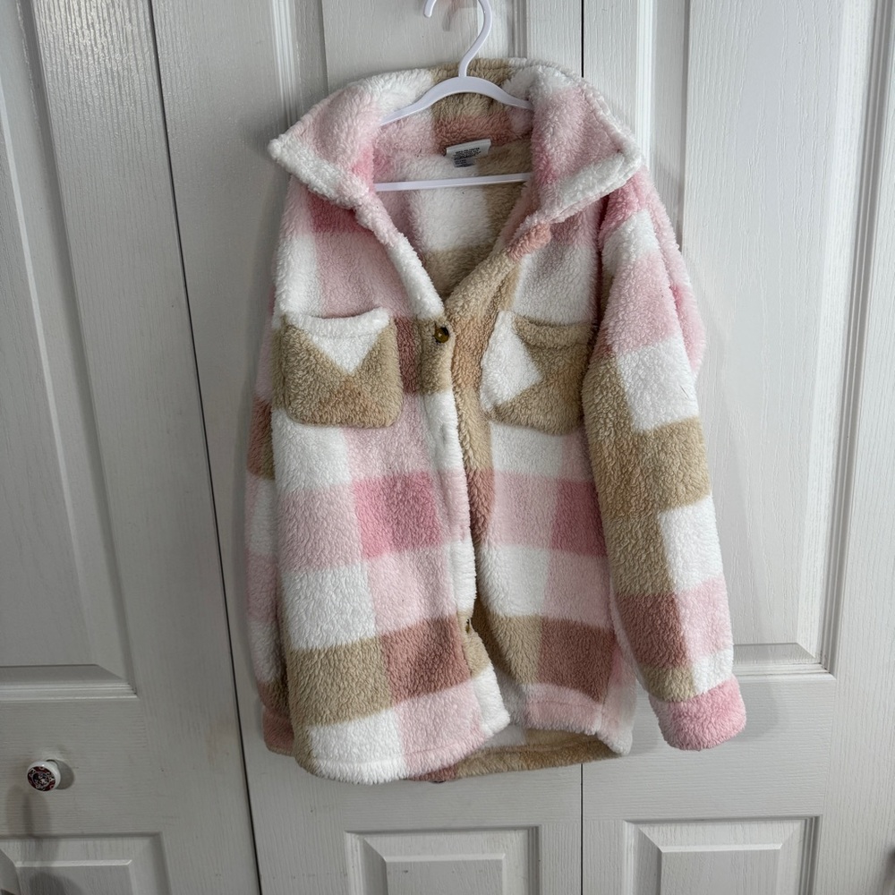 My Destiny Sherpa fuzzy plaid button up jacket‎ size 14/16